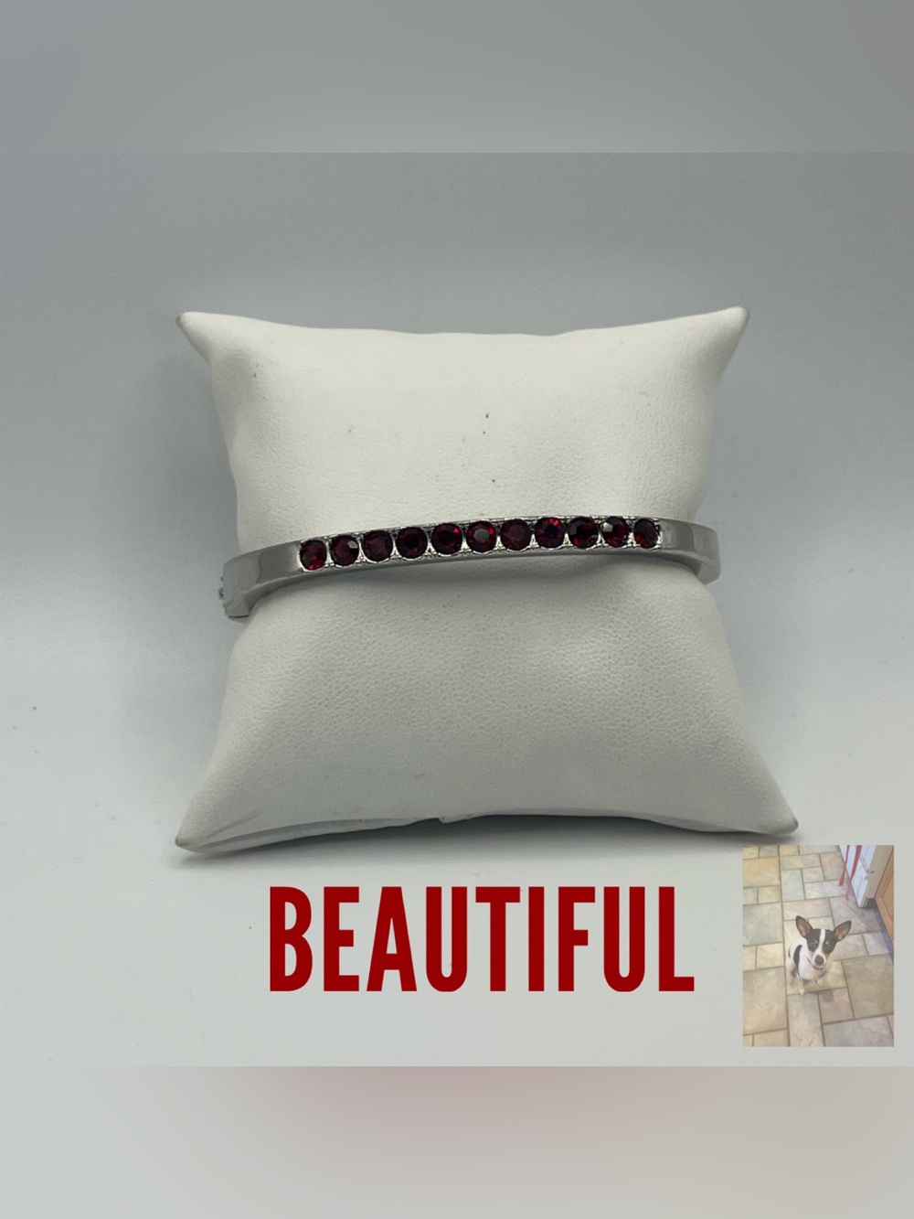 Silver Tone and Red Rhinestone Hinged Bangle Bracelet